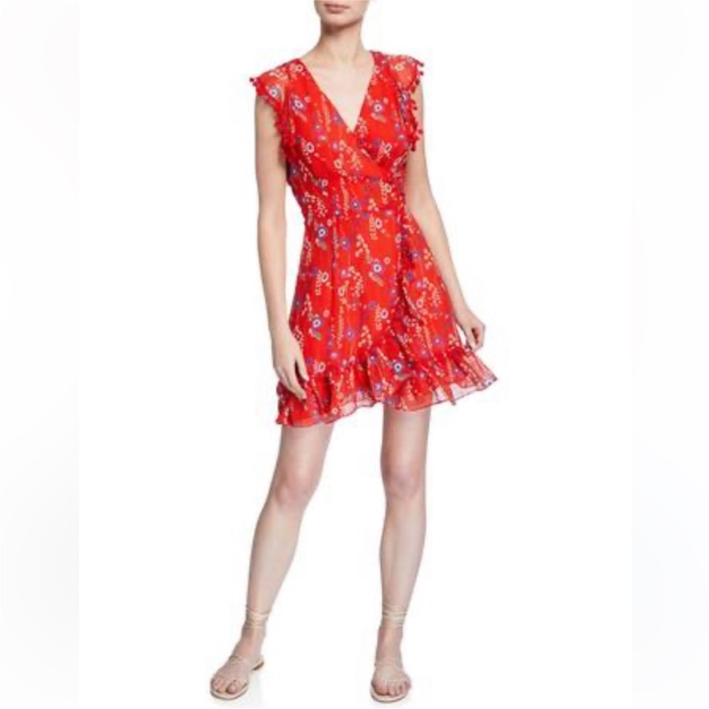 Allison New York Anthropologie red wrap Pom Pom dress size L
